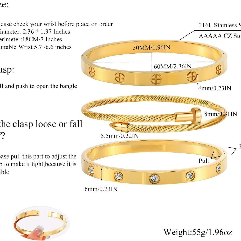 Gold Stainless Steel Stackable Bangles With Cryst… - image 5